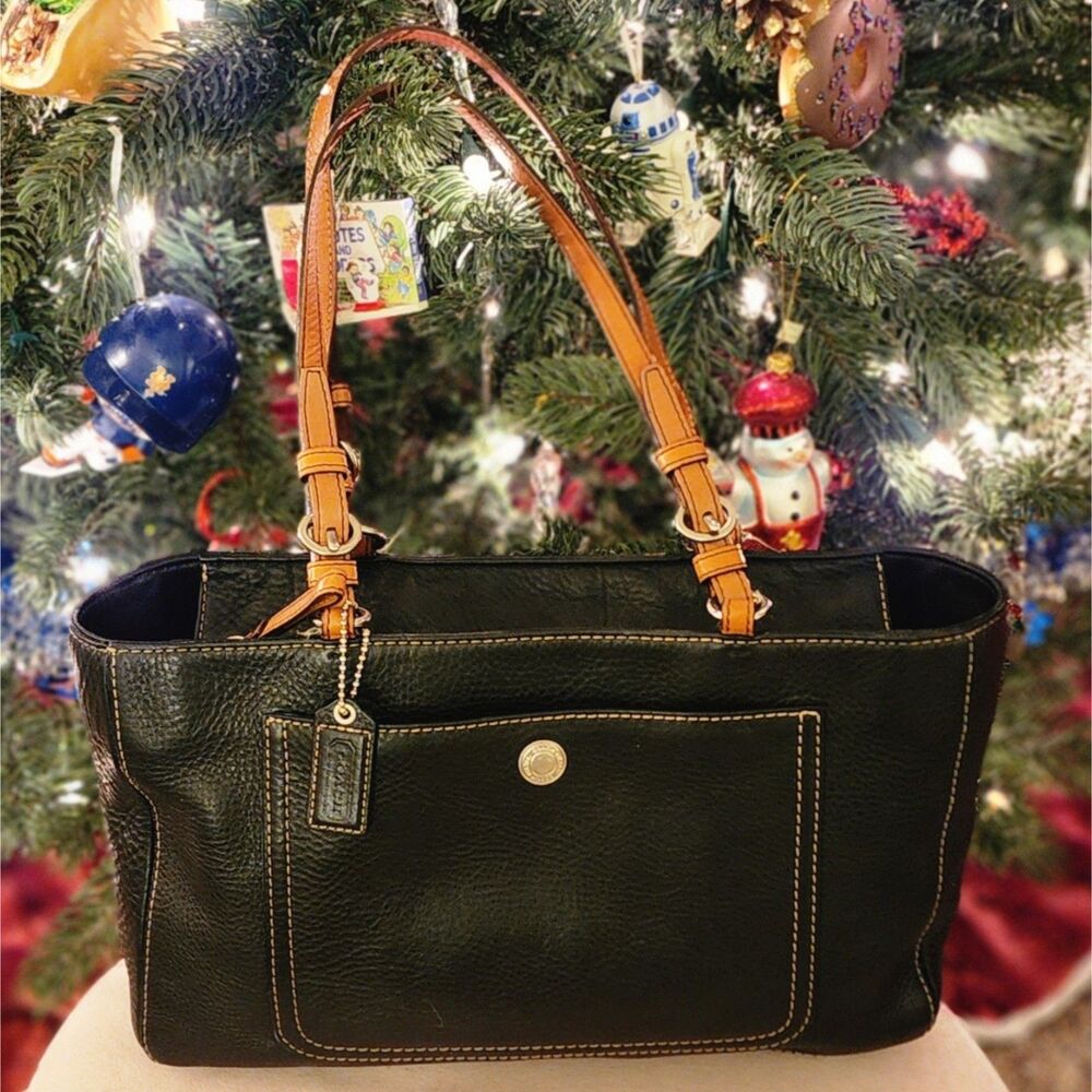 Coach Black Leather Tote with Tan Strap